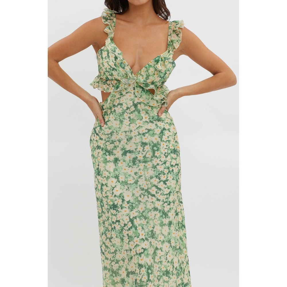 NEW Here Comes The Sun Maxi Dress XL Green Floral Cutout Ruffle Boho Sun Dress
